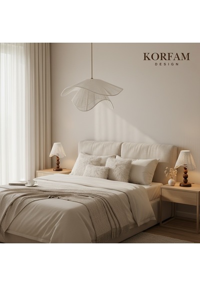 Breeze Modeli Beyaz Avize & Abajur Set - Hasır El Yapımı Bohem Avize 2'li Ahşap Ayaklı Rustik Abajur Set Beyaz