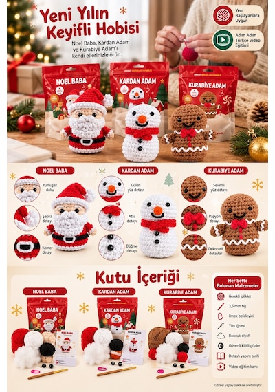 Selfıko Yılbaşı Örgü Öğrenme Seti Noel Baba Kardan Adam Kurabiye Adam Amigurumi 3'lü Hobi Kiti Çok Renkli