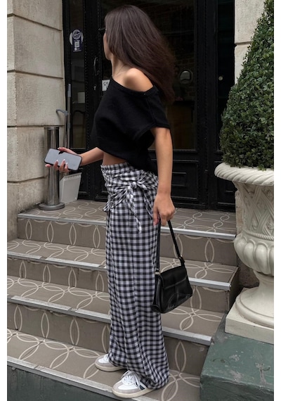 Madmext Siyah Fularlı Ekose Pantolon Mg2734