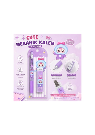Sevimli Karakter Tasarımlı 0.7mm Mekanik Kalem Ve Uç Seti Mor Mor