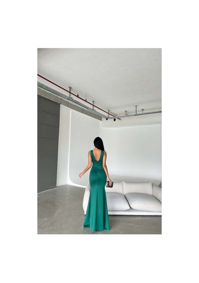 Lior Design Kadın Vintage V Yaka Yırtmaçlı Maxi Abiye Elbise Zümrüt