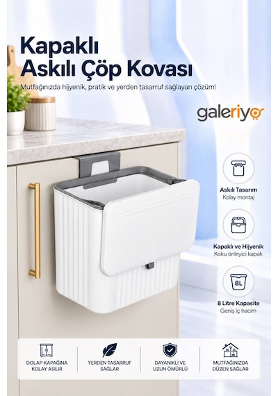 8 Litre Mutfak Tezgah Üstü Ve Dolap Askılı Çöp Kovası Kapaklı Pratik Atık Kovası Beyaz - Gri