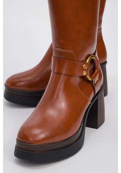 Luvishoes Luvi Shoes Rock Taba Cilt Tokalı Fermuarlı Kadın Platform Topuklu Çizme Taba