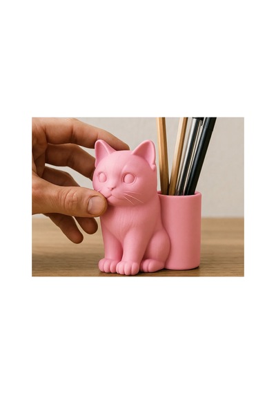 Alvera Kedi Figürlü Kalemlik 3d Baskı Masaüstü Organizer - Pembe
