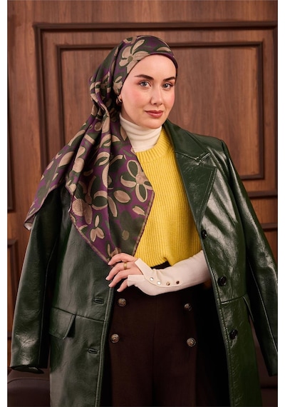 Silk Home Twill İpek Eşarp Erguvan Yeşil Vizon Papatya Desenli Tok Duruşlu 90x90 Çok Renkli