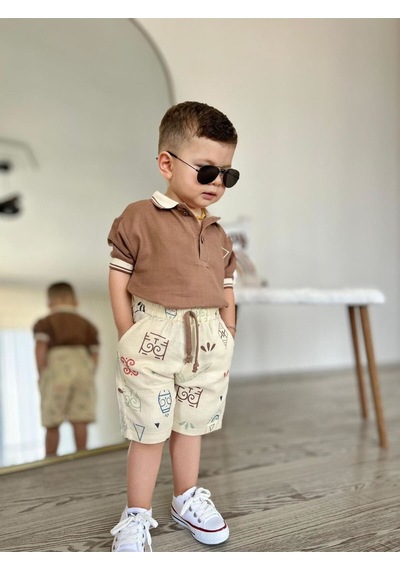 Miniğimin Cicileri Müslim Lacost Yaka Şortlu Etnik Desen Erkek 2 Li Takım - Kahverengi Kahverengi
