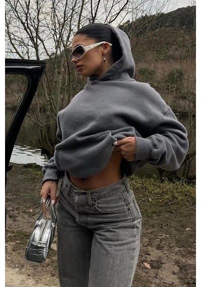 Füme Kapüşonlu Şardonlu Oversize Cepli Sweatshirt Mg2206