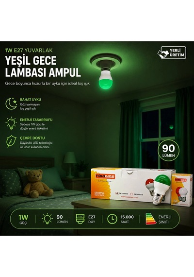 10 Adet 1w E27 Yeşil Yuvarlak Gece Lambası Led Ampul Eamp-075 Bx40 Standart