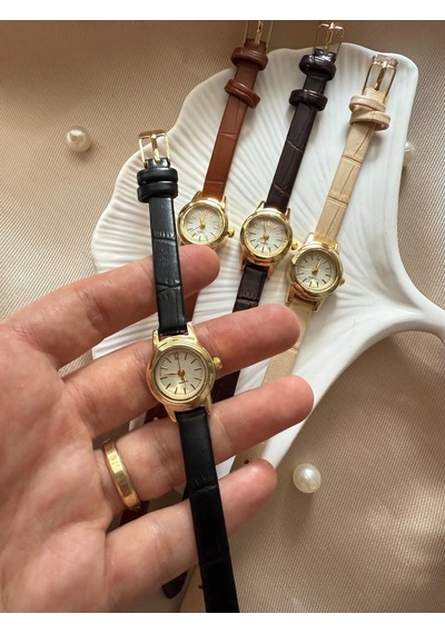 Retro Minimal Deri Kordon Vintage Kadın Kol Saati Minik Altın