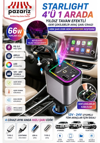 66w 4 Ü 1 Arada Starry Sky Araç Şarj Cihazı Geri Çekilebilir Type-c & Lightning Kablo, Usb-a, Pd 3.0 Hızlı Şarj, Rgb Led Yıldız Tavan Projektörü, 12v-24v Uyumlu Çoklu Şarj Adaptörü