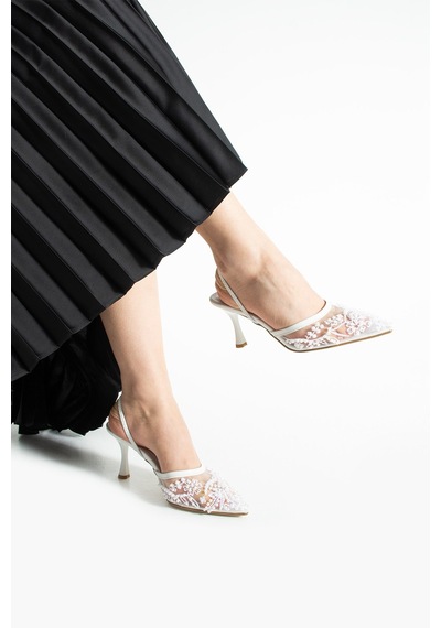 Lebibe Shoes Meggıe Kadın Beyaz Sivri Burun 7 Cm Topuklu Tül Üzerine İnci İşlemeli Slingback Ayakkabı