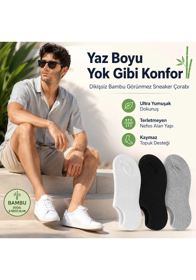 Çorap Giyim Erkek Bambu 6 Lı Dikişsiz Babet Çorap Siyah Beyaz Gri Görünmez Sneaker Çorap Nefes Alan Yumuşak