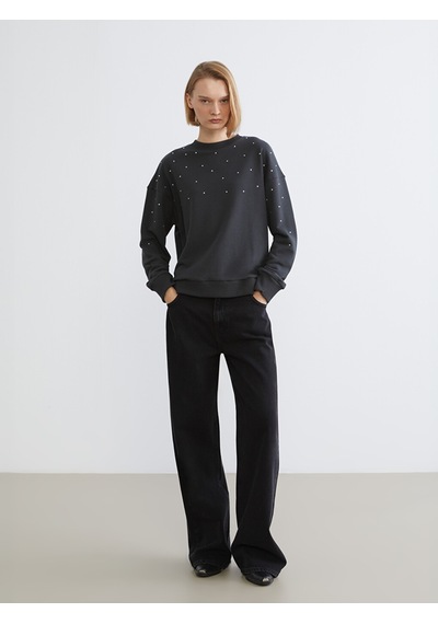 Lcw Vision Antrasit Bisiklet Yaka Taşlı Oversize Kadın Sweatshirt
