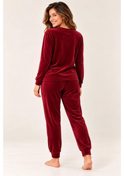 Gd Goldoremi 4082 Kadın Likralı Uzun Kollu Kadife Nefes Alan Kumaş Pijama Takım Bordo