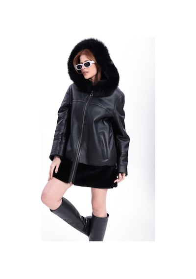 M M Marki Marki Kadın Hakiki Deri Kaban, İçi Kürklü, 85 Cm, Kapüşonlu, Oversize, Siyah Kışlık - 120222