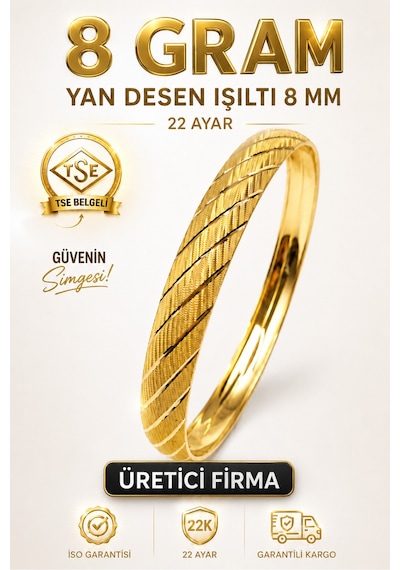22 Ayar Tse Belgeli 8 Gram Yan Desen Işıltılı İşçiliksiz Altın Bilezik 8 Mm Gold Ajda Düğün