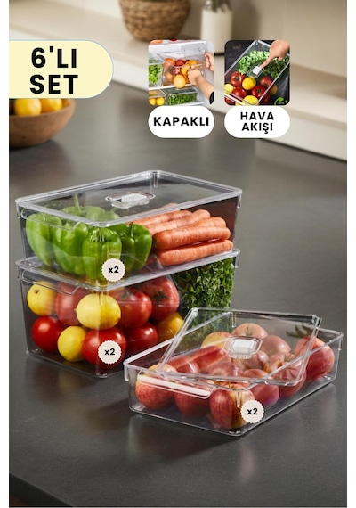 Buzdolabı Dolapiçi Düzenleyici Organizer Kapaklı 6'lı Set Mini, Midi, Maxi Şeffaf