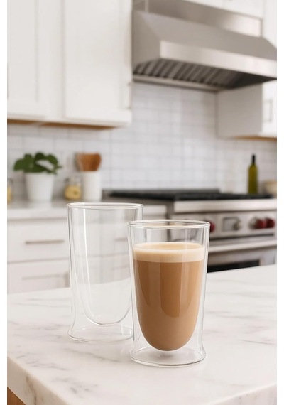 Çift Cidarlı Uzun Model Cam Kokteyl, Meşrubat, Latte, Su Bardağı, 350 Ml, 1 Adet - 12323 Çok Renkli