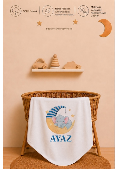 Erkek Bebek Hediyesi İsme Özel 80x80 Cm Çift Kat Penye Bebek Battaniyesi %100 Pamuk Ham Bez Kıyafet Keseli 2019bkyx