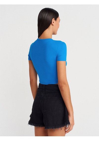 Dilvin 31647 Düğme Detaylı Crop Top-saks Saks
