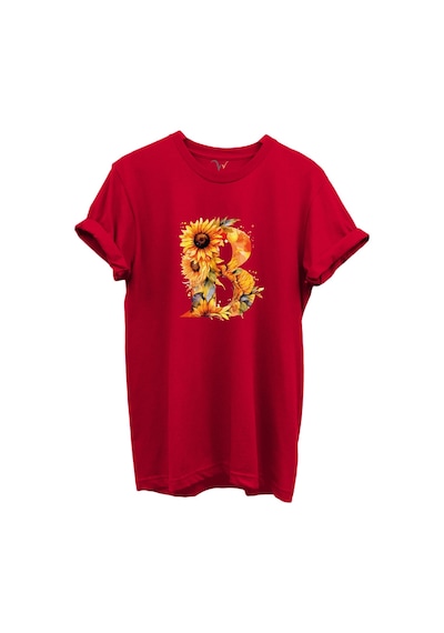 Ayçiçek Desenli B'' Harfi Baskılı %100 Pamuk Regular Fit Unisex T-shirt Kırmızı