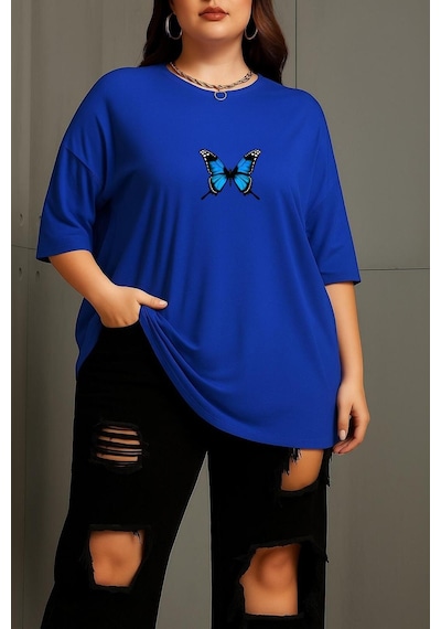 Büyük Beden Kelebek Baskılı Unisex Tişört Saks Mavisi