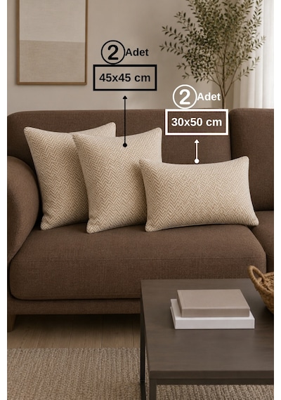 Chevron Bohem Dekoratif Punch Yastık Kırlent Kılıfı Bej 45 x 45