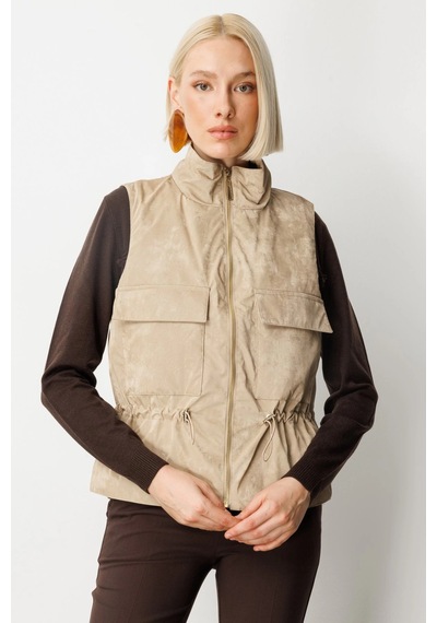 On Fashion Cepli Dik Yaka Kadın Bej Yelek 60998 Bej