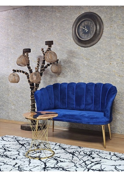 Zafir İkili Papatya Çay Seti Koltuk Gold Sivriltme Ayak, Balkon, Salon, Ofis, Koltuk Takımı, İkili Berjer Mavi
