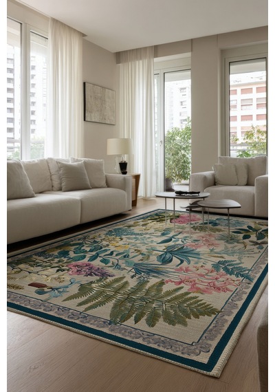 Garden 820 Çiçekli Bordürlü Bej Renkli Floral Halı Yıkanabilir Salon Mutfak Oturma Odası Halısı Bej Renkli 2