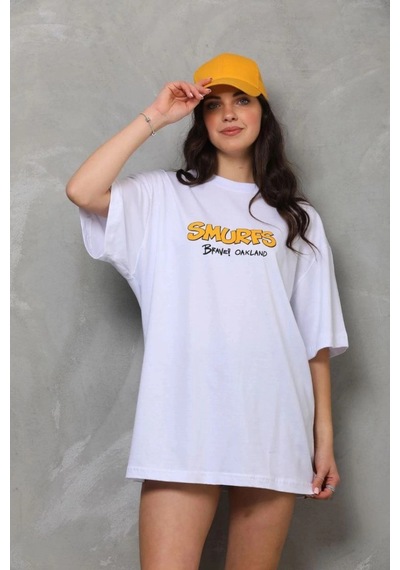Freedom Store Kadın Bisiklet Yaka Baskılı Oversize T-shirt - Beyaz