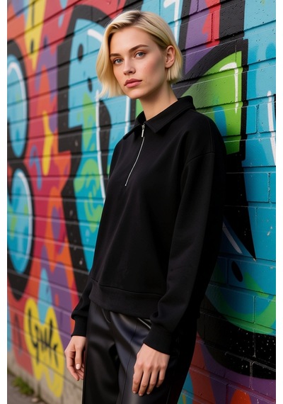 Benerly Kadın Polo Yaka Düşük Kol Fermuarlı Regular Kalıp Örme Sweatshirt siyah