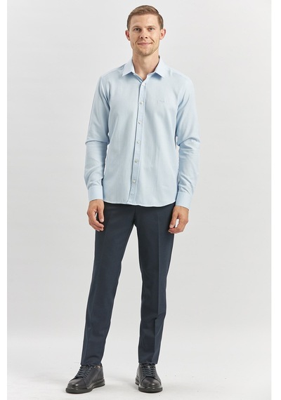 İmza Koyu Mavi Uzun Kol Kendinden Desenli Armürlü 032 Sert Yaka Casual Slim Fit Gömlek 1004240249 Koyu Mavi
