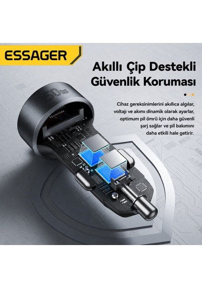 Essager 150w Araç Çakmaklık Çoklayıcı 2 Çakmaklık + 3 Usb-a + 2 Type-c 30w Hızlı Şarj 12v-24v Uyumlu