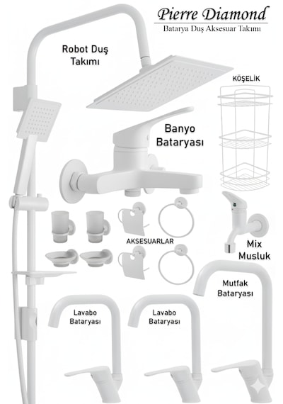 8962 Mutfak Lavabo Banyo Bataryası Robot Duş Takımı Köşe Borulu Musluk Armatür Siyah Beyaz Krom Renkler Beyaz