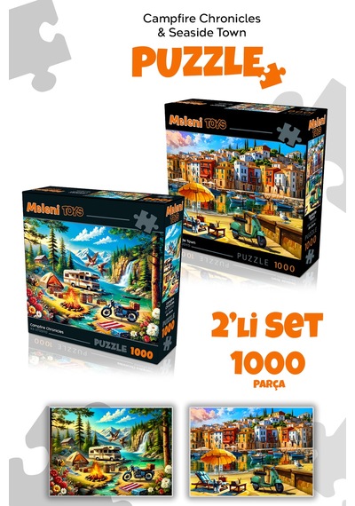 2 Adet 1000 Parça Puzzle - Kamp Ateşi Orman Manzarası Ve Sahil Kasabası Manzarası Yapboz 68x48 Cm