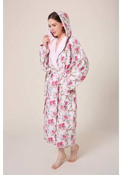 Peonia Fiore Desenli Dijital Baskılı Kapüşonlu Bornoz Pembe