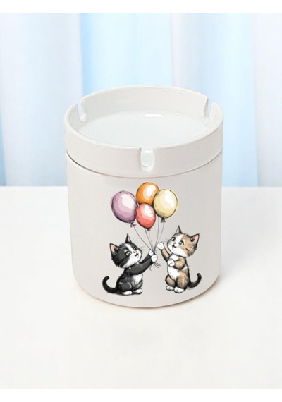 Balonlu Kedi Baskılı 3'lü Seramik Küllük Kül Tablası - Erkek Kadın Için Doğum Günü Hediyesi