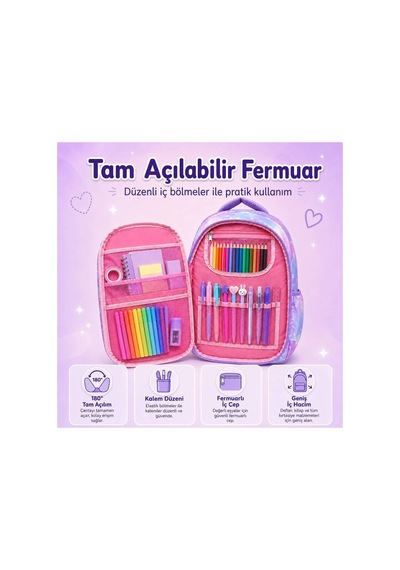 Premium Kore Tarzı 3 Lü İlkokul Okul Çantası Seti, Isı Yalıtımlı Beslenme Çantası Ve Çift Bölmeli Kalemlik Mor Mor