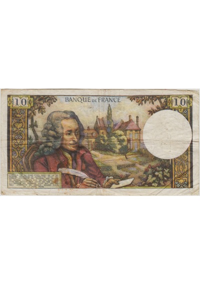 Fransa 10 Frank 1973 Voltaire Temalı. Alt Kenarda 1 Cm Yırtık Var Çok Temiz.