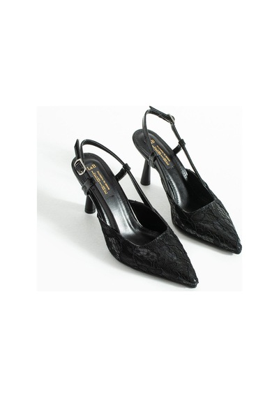 Lebibe Shoes Lısa Kadın Siyah Sivri Burun 7 Cm Topuklu Çiçek Dantel Desenli Rugan Slingback Ayakkabı