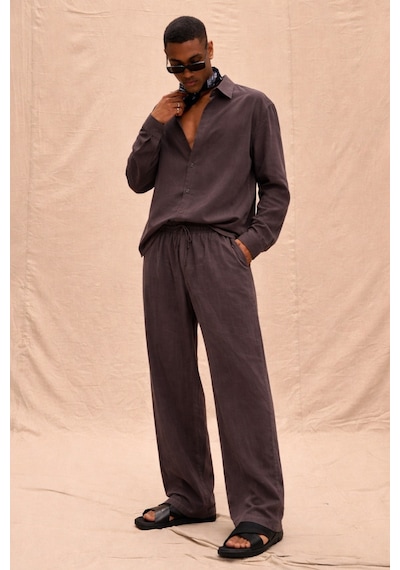 Tarz Cool Erkek Haki Tencel Kumaş Oversize Gömlek Pantolon Takım Rahat Kesim Yazlık Kombin Kahverengi