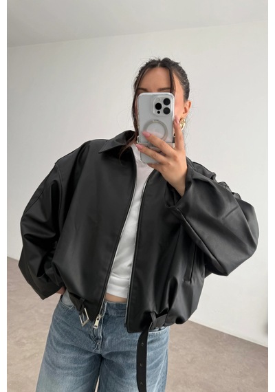Pop Story Kadın Oversize Bomber Premium Deri Ceket Kemerli Siyah Siyah