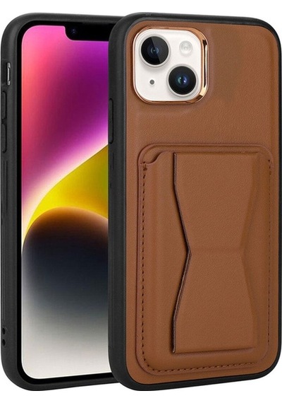 Apple Uyumlu iPhone 14 Kılıf Kartlıklı Standlı Pu Deri Zore Memo Kapak Kahverengi