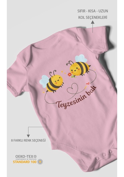 Morivokids Teyzesinin Balı Kısa Kollu Bebek Body %100 Pamuk Koyu Pembe