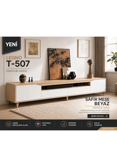Legno Premium 180cm Modern Tv Ünitesi Safir Meşe-beyaz Beyaz - Safir Meşe
