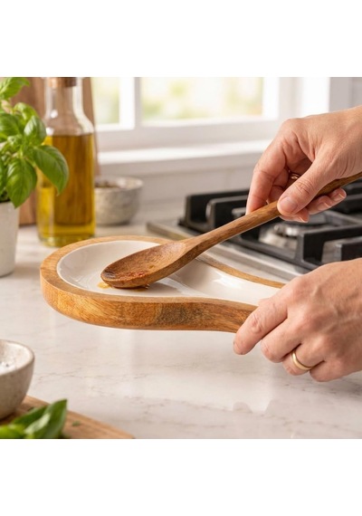 Mango Ağacı Yatay Kaşıklık 25 X 12 Cm, Parlak Krem İç Yüzeyli Ahşap Kaşık Altlığı, Kepçe, Spatula Ve Servis Gereçleri İçin Mutfak Tezgâhı Düzenleyici