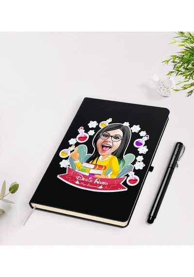 BK Gift Kişiye Özel Kadın Kimya Öğretmeni Karikatürlü Siyah Defte