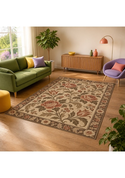 Kartela Halı Vintage Çiçek Bordürlü Halı Bej Kaymaz Taban Makinede Yıkanabilir 160x240 Cm