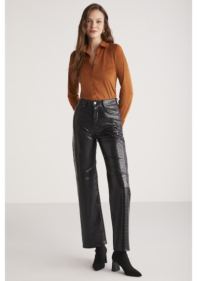 Ethıquet Peyton Kadın Slim Fit Dar Kesim Suni Süet Klasik Örme Taba Gömlek